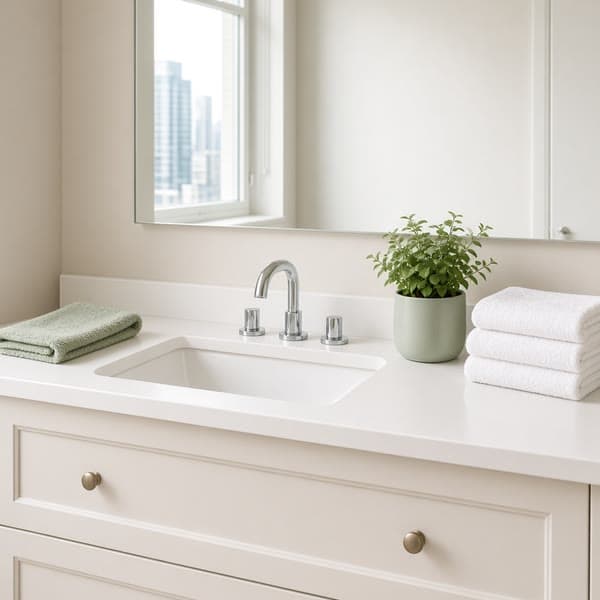 Bathroom after the clean: sink wiped, fresh towels